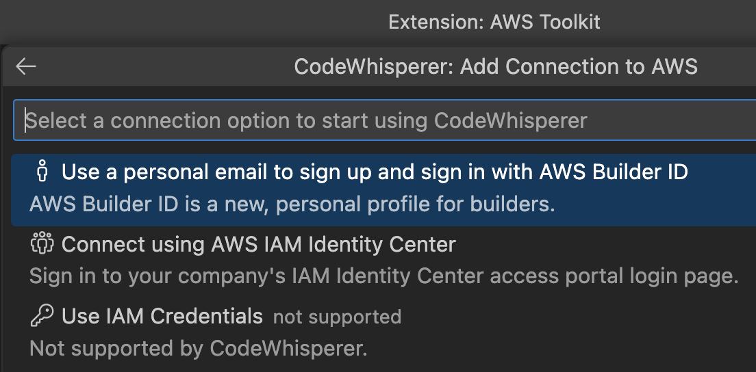 Select an authentication method to use AWS CodeWhisperer